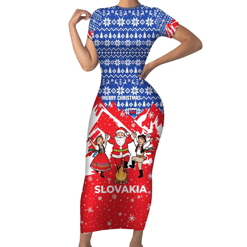 Slovakia Christmas Short Sleeve Bodycon Dress with Santa and Dancers by Campfire Snowy Mountains and Red Blue Snowflake Pattern Design - Wonder Print Shop