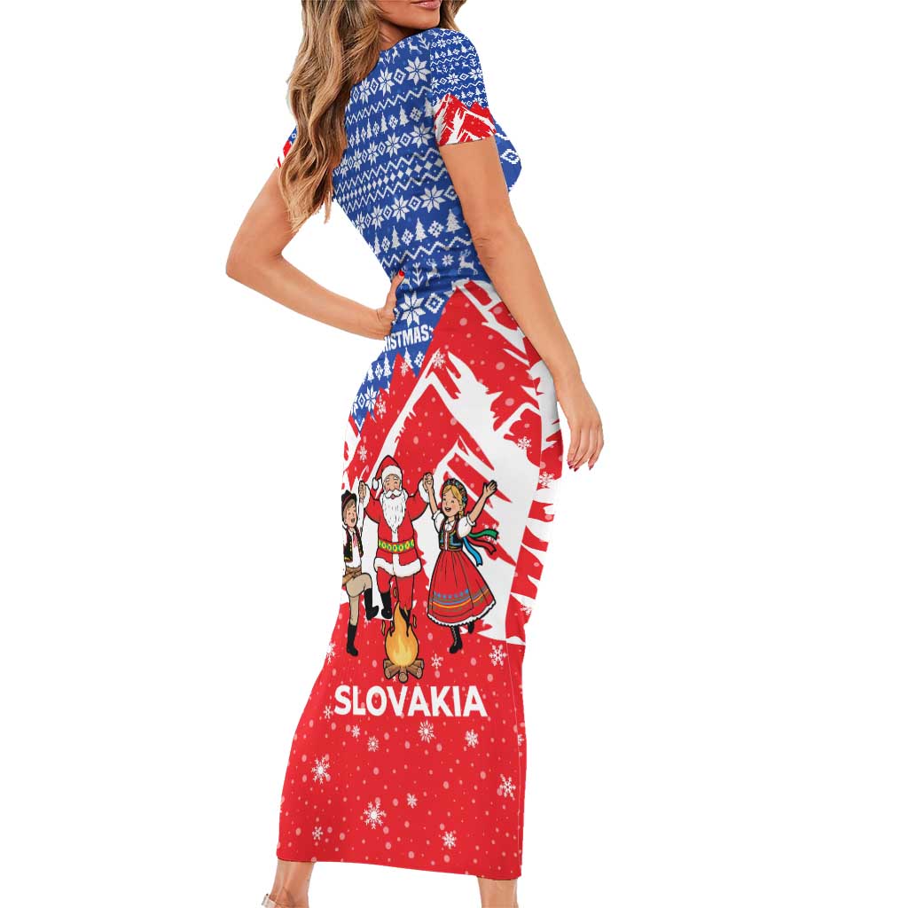 Slovakia Christmas Short Sleeve Bodycon Dress with Santa and Dancers by Campfire Snowy Mountains and Red Blue Snowflake Pattern Design - Wonder Print Shop