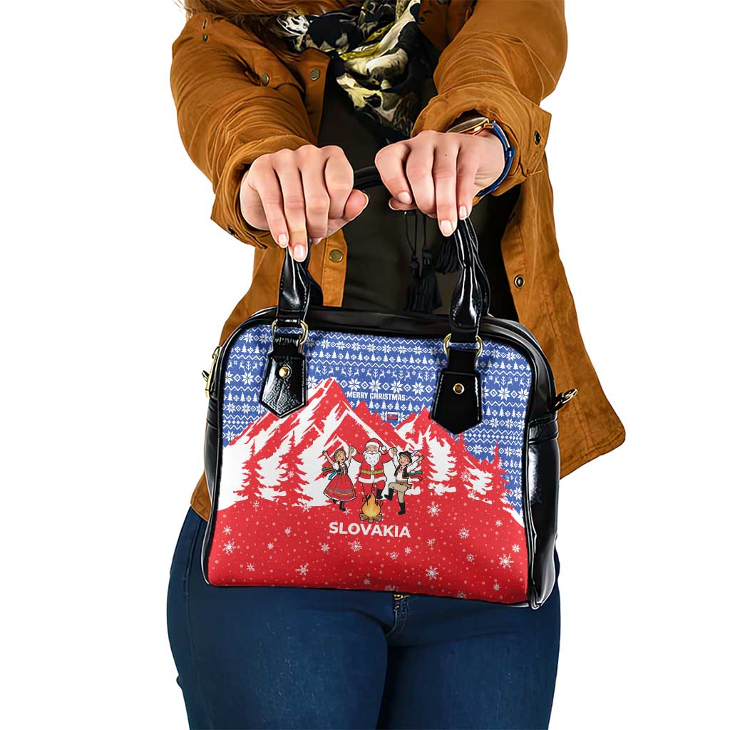 Slovakia Christmas Shoulder Handbag with Santa and Dancers by Campfire Snowy Mountains and Red Blue Snowflake Pattern Design - Wonder Print Shop