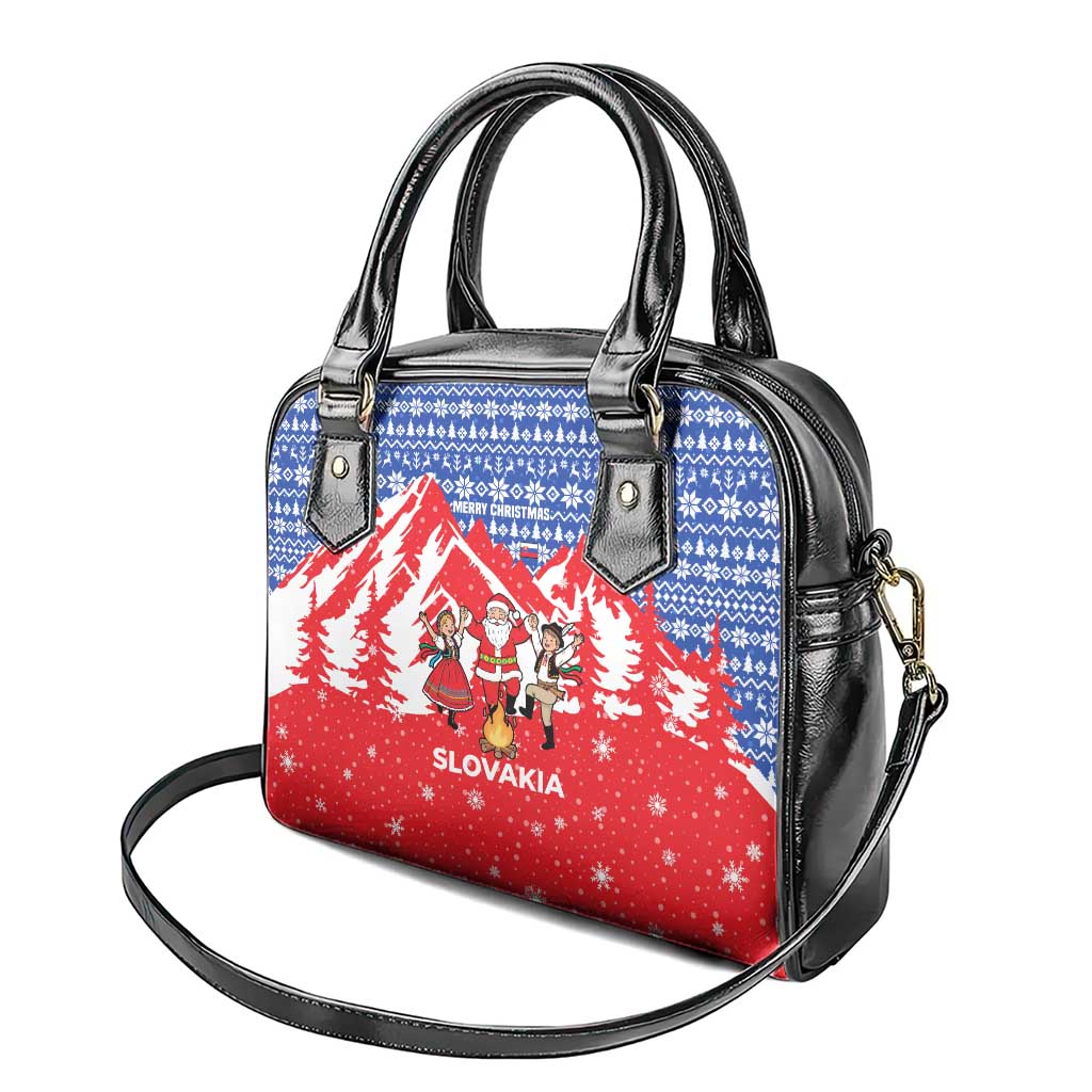 Slovakia Christmas Shoulder Handbag with Santa and Dancers by Campfire Snowy Mountains and Red Blue Snowflake Pattern Design - Wonder Print Shop