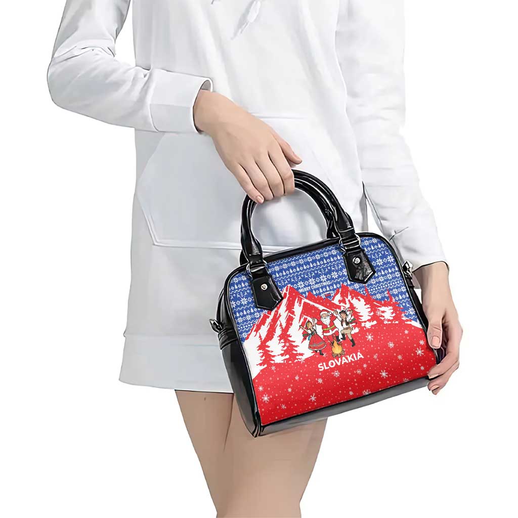 Slovakia Christmas Shoulder Handbag with Santa and Dancers by Campfire Snowy Mountains and Red Blue Snowflake Pattern Design - Wonder Print Shop