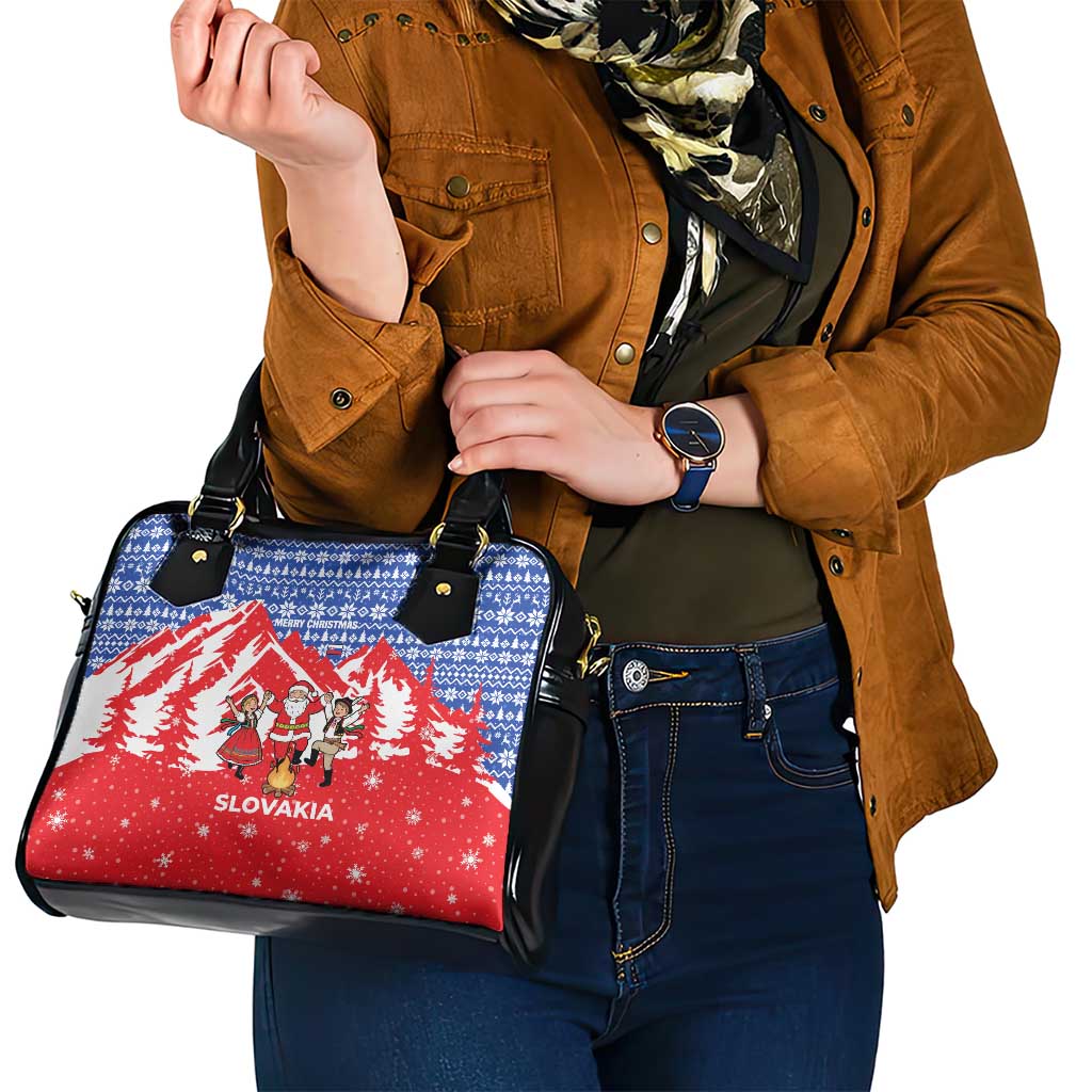 Slovakia Christmas Shoulder Handbag with Santa and Dancers by Campfire Snowy Mountains and Red Blue Snowflake Pattern Design - Wonder Print Shop