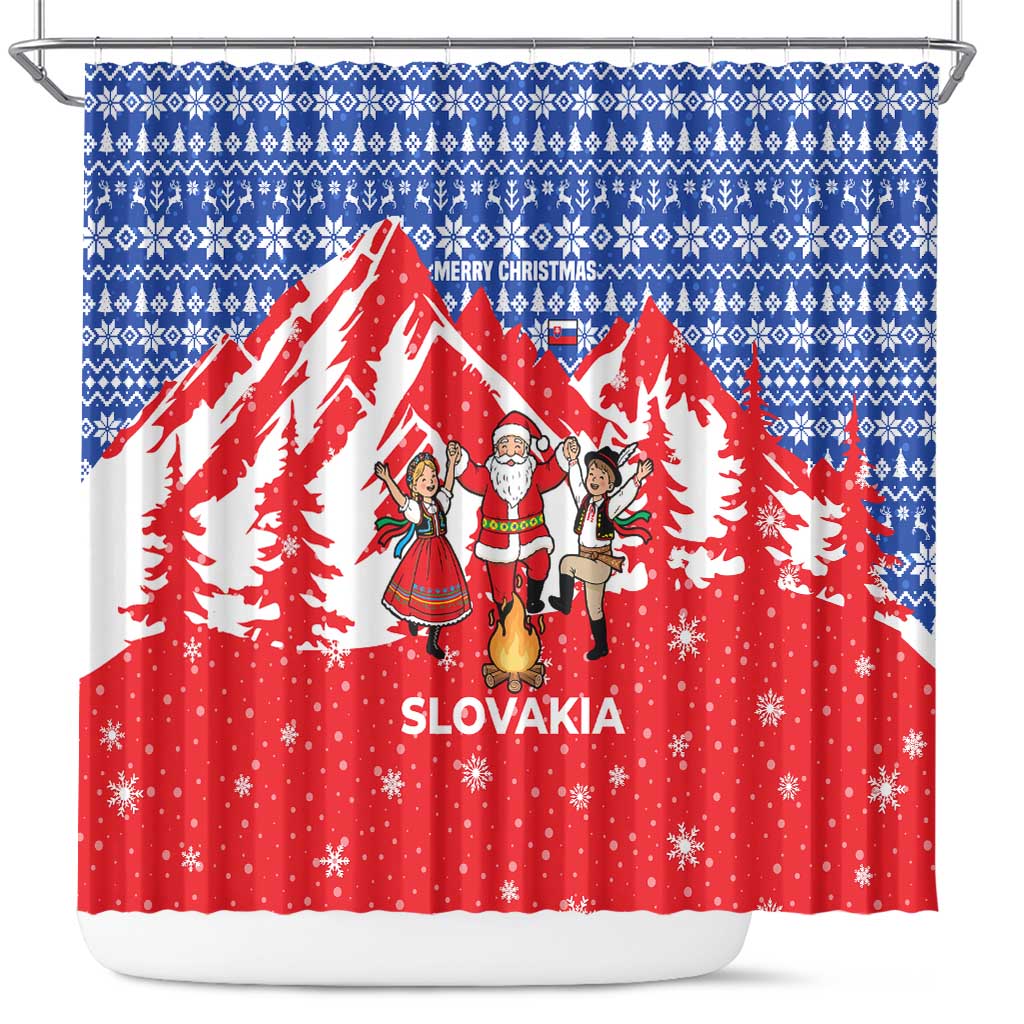 Slovakia Christmas Shower Curtain with Santa and Dancers by Campfire Snowy Mountains and Red Blue Snowflake Pattern Design - Wonder Print Shop