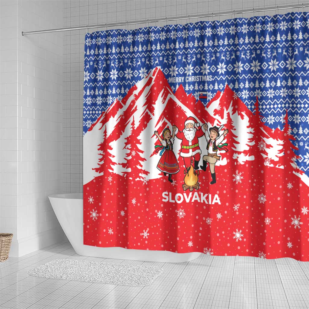 Slovakia Christmas Shower Curtain with Santa and Dancers by Campfire Snowy Mountains and Red Blue Snowflake Pattern Design - Wonder Print Shop