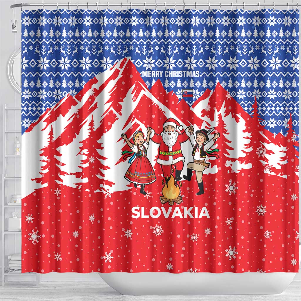 Slovakia Christmas Shower Curtain with Santa and Dancers by Campfire Snowy Mountains and Red Blue Snowflake Pattern Design - Wonder Print Shop