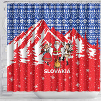 Slovakia Christmas Shower Curtain with Santa and Dancers by Campfire Snowy Mountains and Red Blue Snowflake Pattern Design - Wonder Print Shop