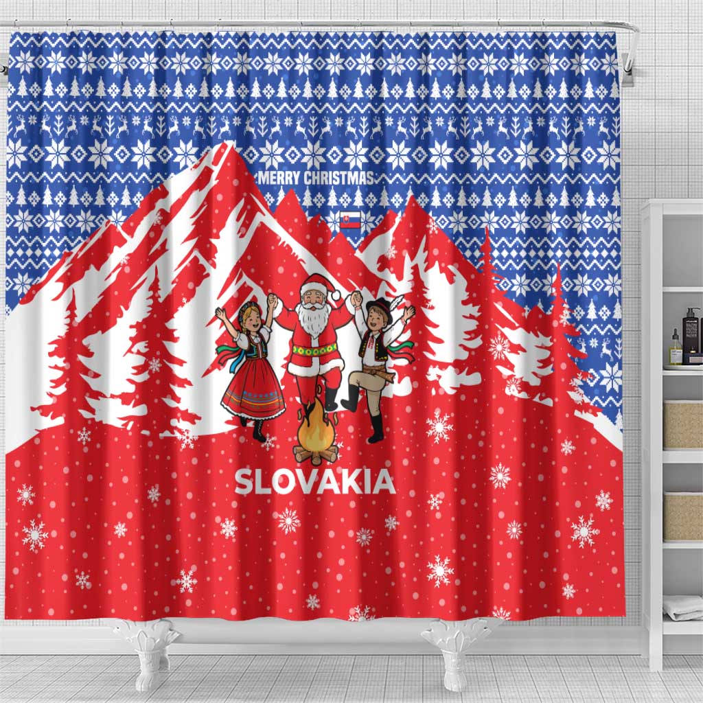 Slovakia Christmas Shower Curtain with Santa and Dancers by Campfire Snowy Mountains and Red Blue Snowflake Pattern Design - Wonder Print Shop