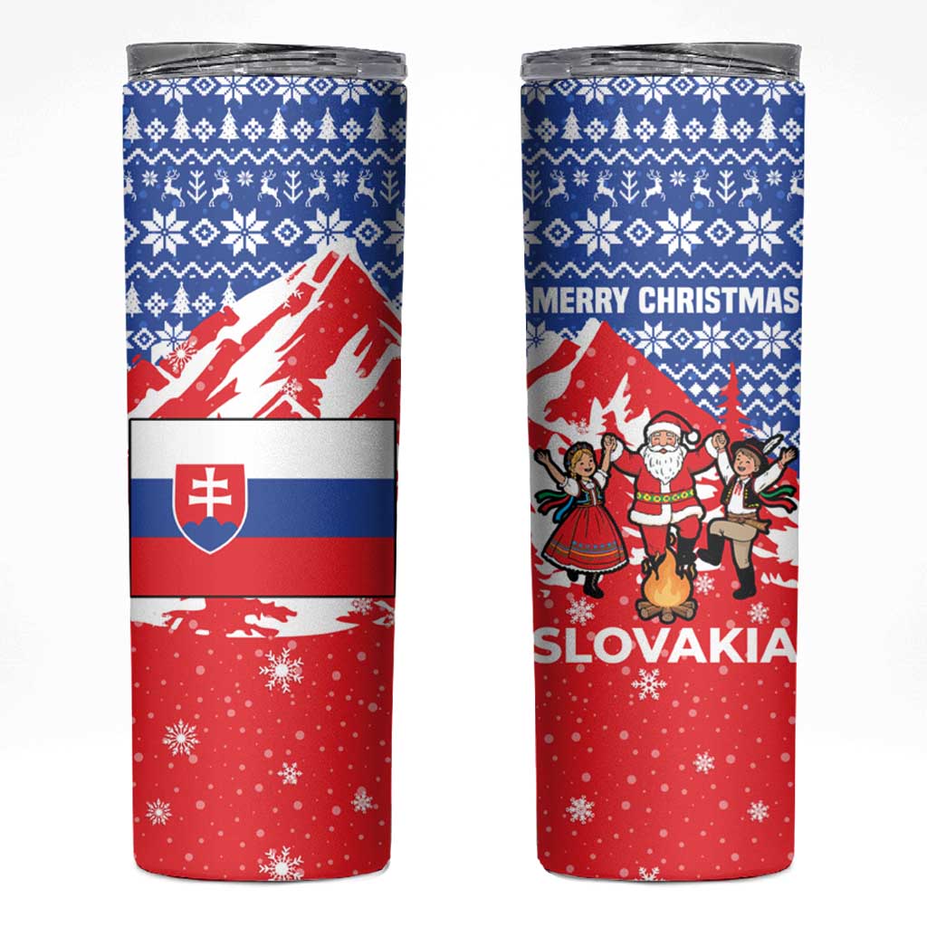 Slovakia Christmas Skinny Tumbler with Santa and Dancers by Campfire Snowy Mountains and Red Blue Snowflake Pattern Design - Wonder Print Shop