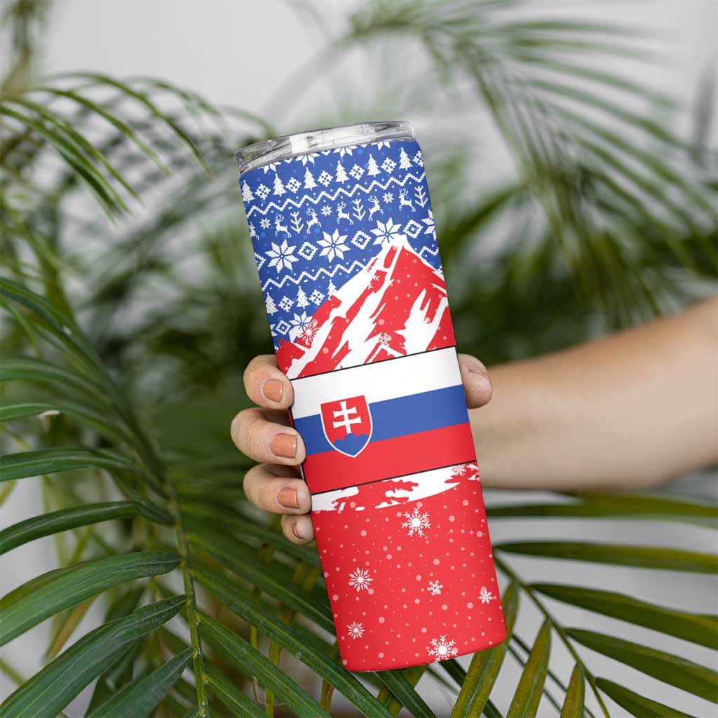 Slovakia Christmas Skinny Tumbler with Santa and Dancers by Campfire Snowy Mountains and Red Blue Snowflake Pattern Design - Wonder Print Shop