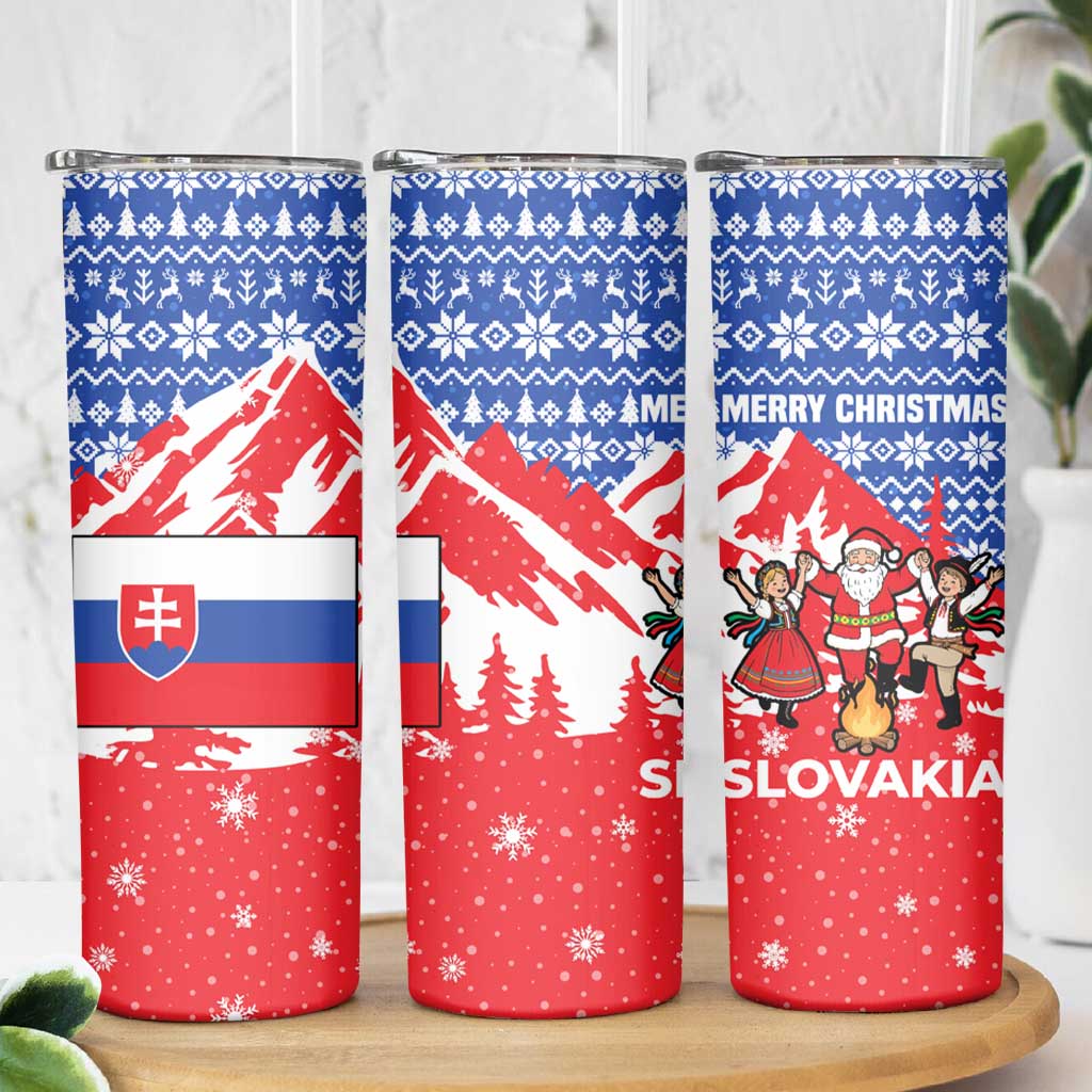 Slovakia Christmas Skinny Tumbler with Santa and Dancers by Campfire Snowy Mountains and Red Blue Snowflake Pattern Design - Wonder Print Shop