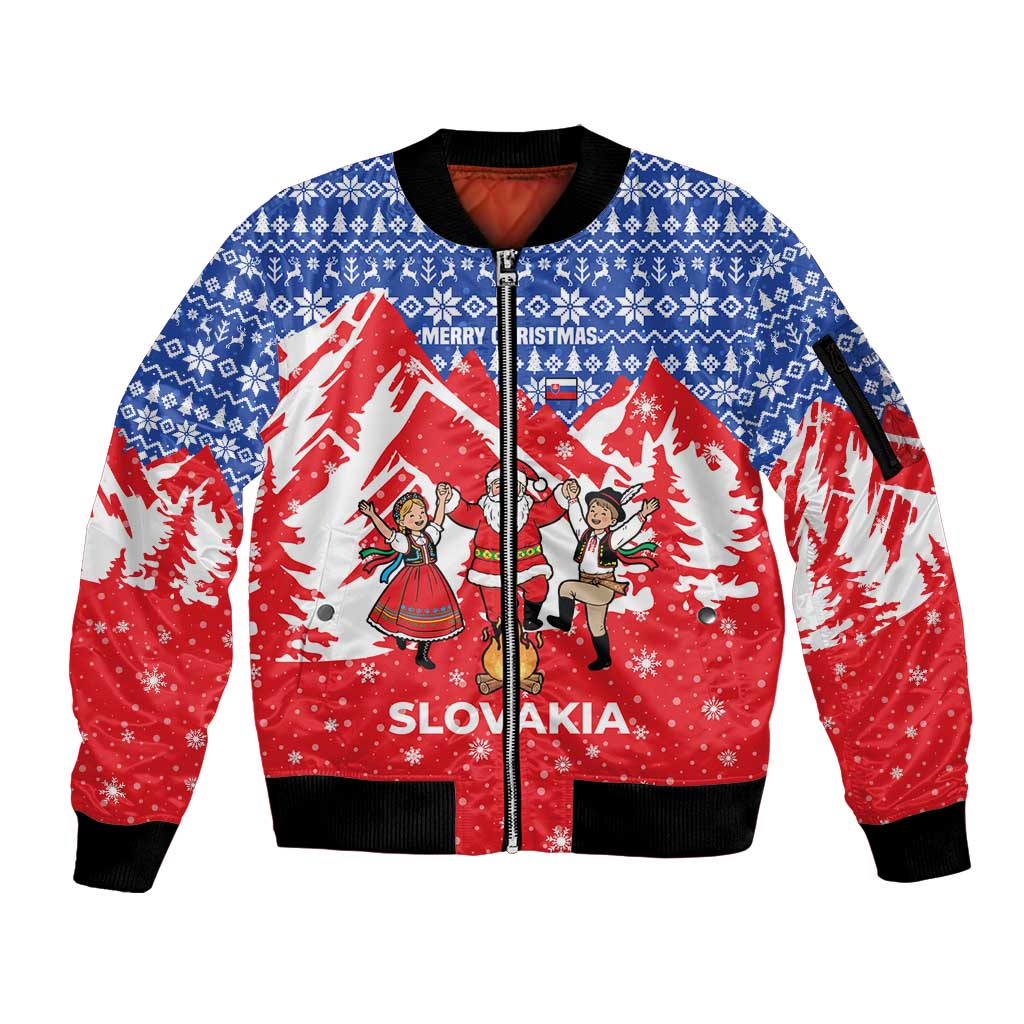Slovakia Christmas Sleeve Zip Bomber Jacket with Santa and Dancers by Campfire Snowy Mountains and Red Blue Snowflake Pattern Design - Wonder Print Shop
