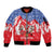 Slovakia Christmas Sleeve Zip Bomber Jacket with Santa and Dancers by Campfire Snowy Mountains and Red Blue Snowflake Pattern Design - Wonder Print Shop