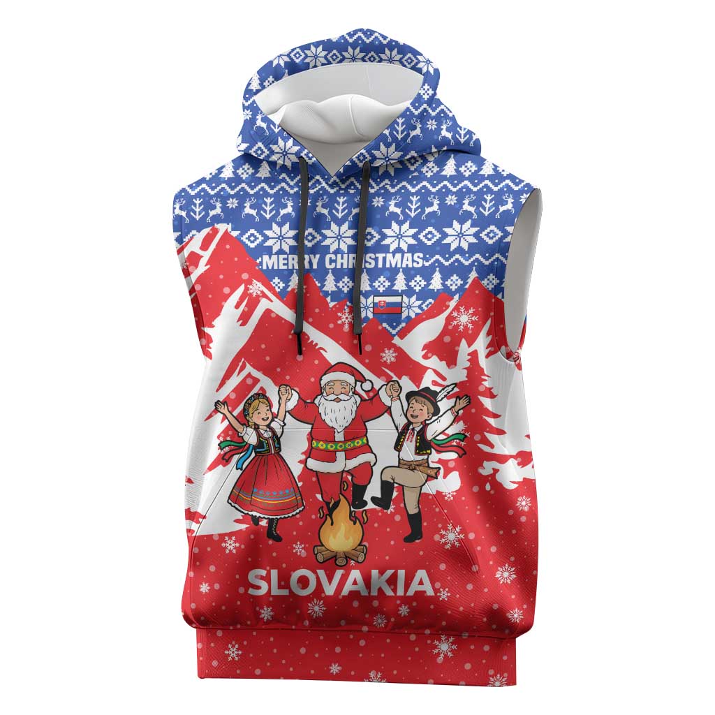 Slovakia Christmas Sleeveless Hoodie with Santa and Dancers by Campfire Snowy Mountains and Red Blue Snowflake Pattern Design - Wonder Print Shop