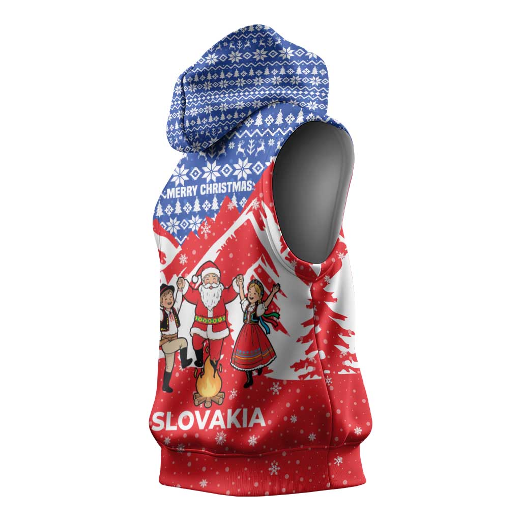 Slovakia Christmas Sleeveless Hoodie with Santa and Dancers by Campfire Snowy Mountains and Red Blue Snowflake Pattern Design - Wonder Print Shop
