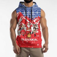 Slovakia Christmas Sleeveless Hoodie with Santa and Dancers by Campfire Snowy Mountains and Red Blue Snowflake Pattern Design - Wonder Print Shop
