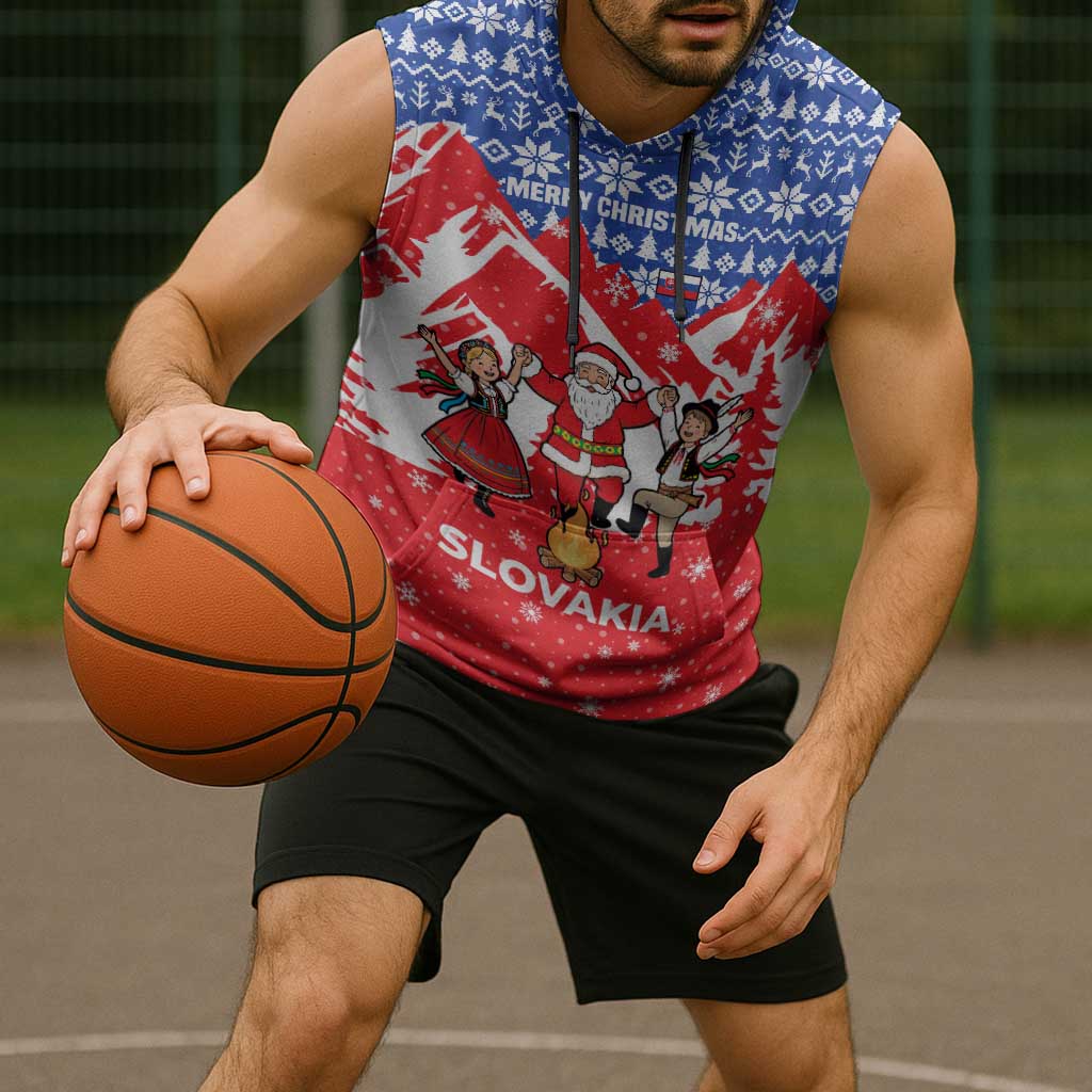 Slovakia Christmas Sleeveless Hoodie with Santa and Dancers by Campfire Snowy Mountains and Red Blue Snowflake Pattern Design - Wonder Print Shop