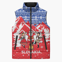 Slovakia Christmas Sleeveless Puffer Jacket with Santa and Dancers by Campfire Snowy Mountains and Red Blue Snowflake Pattern Design - Wonder Print Shop