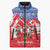 Slovakia Christmas Sleeveless Puffer Jacket with Santa and Dancers by Campfire Snowy Mountains and Red Blue Snowflake Pattern Design - Wonder Print Shop