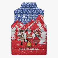 Slovakia Christmas Sleeveless Puffer Jacket with Santa and Dancers by Campfire Snowy Mountains and Red Blue Snowflake Pattern Design - Wonder Print Shop