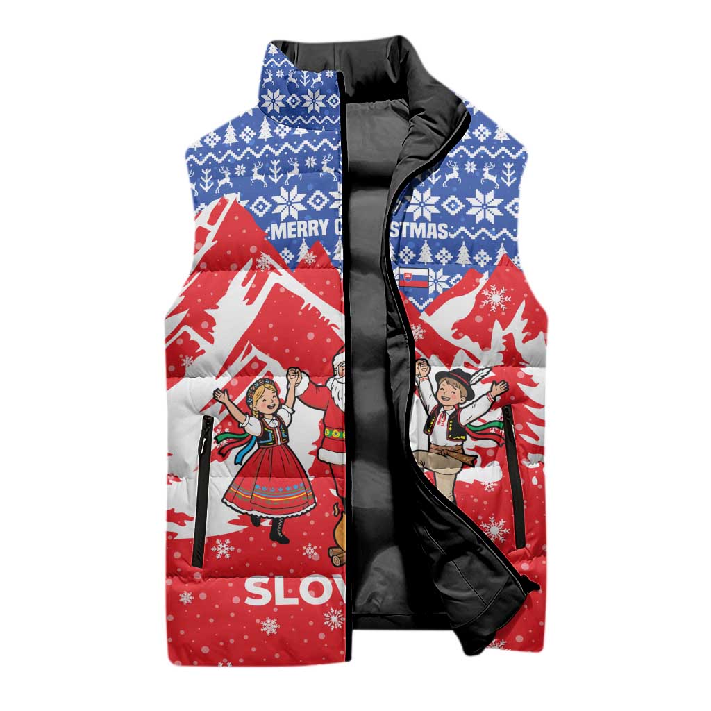 Slovakia Christmas Sleeveless Puffer Jacket with Santa and Dancers by Campfire Snowy Mountains and Red Blue Snowflake Pattern Design - Wonder Print Shop
