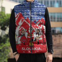 Slovakia Christmas Sleeveless Puffer Jacket with Santa and Dancers by Campfire Snowy Mountains and Red Blue Snowflake Pattern Design - Wonder Print Shop