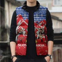 Slovakia Christmas Sleeveless Puffer Jacket with Santa and Dancers by Campfire Snowy Mountains and Red Blue Snowflake Pattern Design - Wonder Print Shop