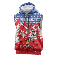 Slovakia Christmas Sleeveless Zip Hoodie with Santa and Dancers by Campfire Snowy Mountains and Red Blue Snowflake Pattern Design - Wonder Print Shop