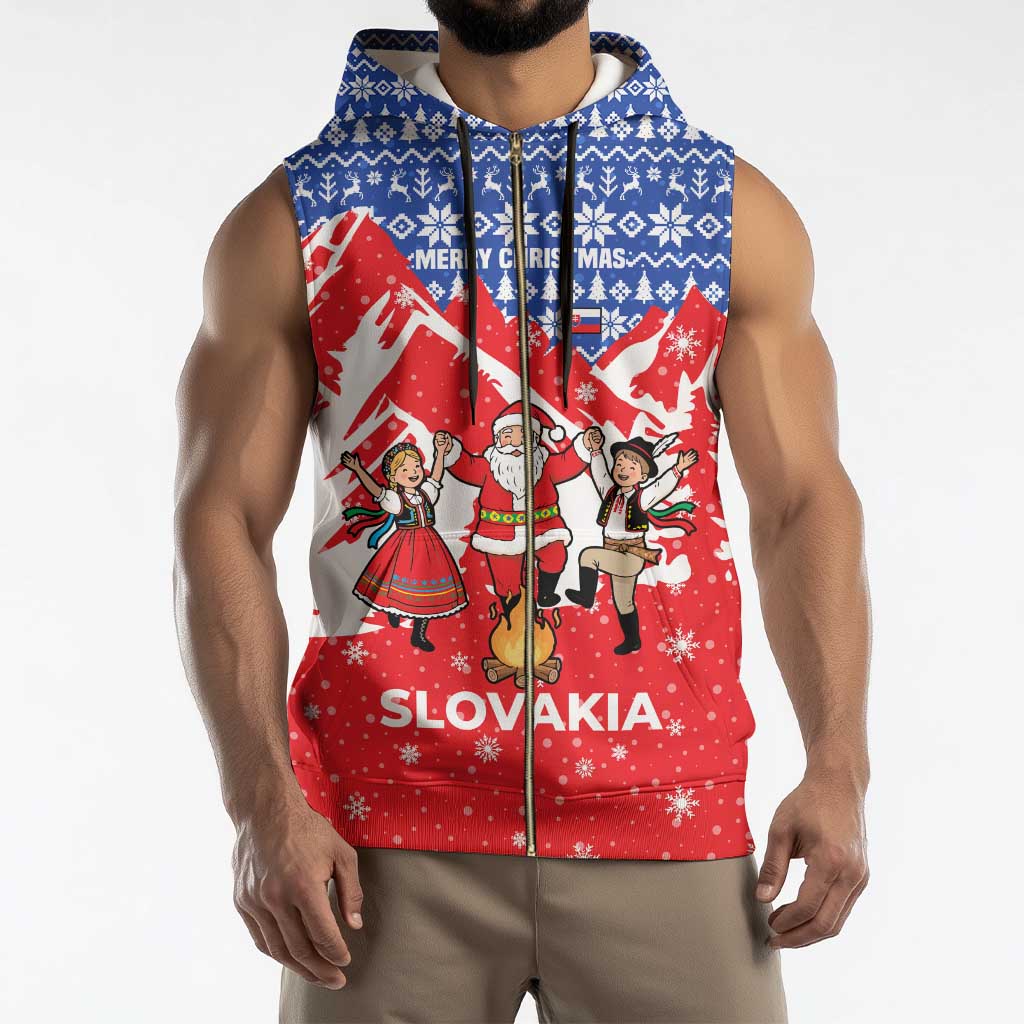 Slovakia Christmas Sleeveless Zip Hoodie with Santa and Dancers by Campfire Snowy Mountains and Red Blue Snowflake Pattern Design - Wonder Print Shop