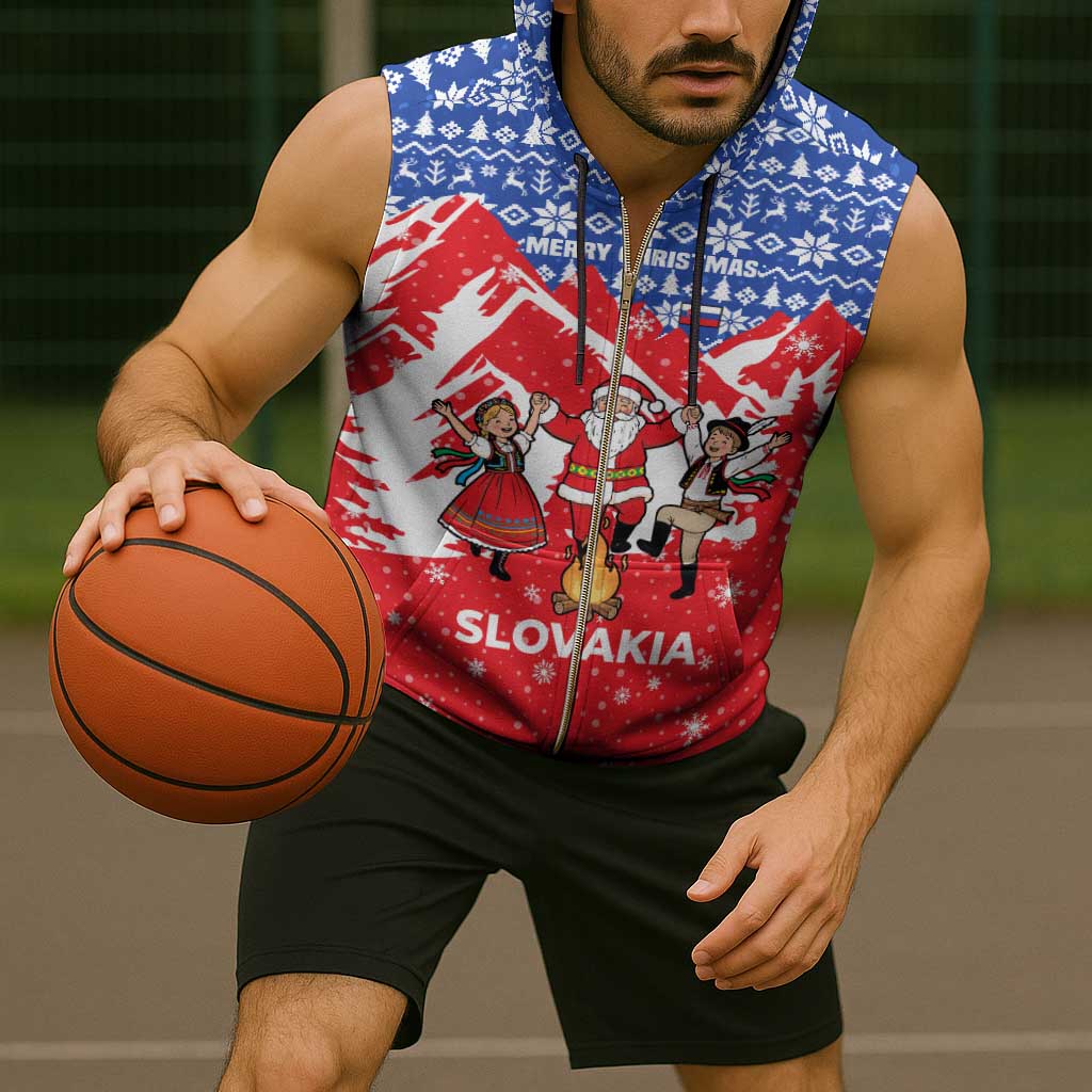 Slovakia Christmas Sleeveless Zip Hoodie with Santa and Dancers by Campfire Snowy Mountains and Red Blue Snowflake Pattern Design - Wonder Print Shop