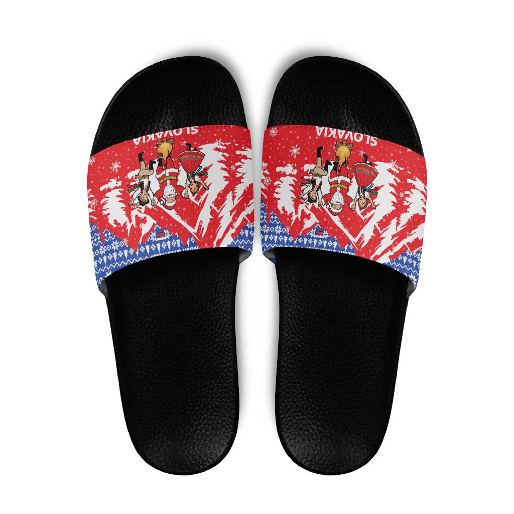 Slovakia Christmas Slide Sandals with Santa and Dancers by Campfire Snowy Mountains and Red Blue Snowflake Pattern Design - Wonder Print Shop