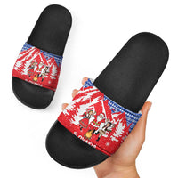 Slovakia Christmas Slide Sandals with Santa and Dancers by Campfire Snowy Mountains and Red Blue Snowflake Pattern Design - Wonder Print Shop