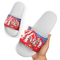 Slovakia Christmas Slide Sandals with Santa and Dancers by Campfire Snowy Mountains and Red Blue Snowflake Pattern Design - Wonder Print Shop