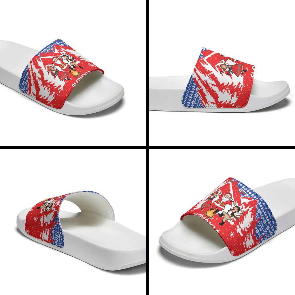 Slovakia Christmas Slide Sandals with Santa and Dancers by Campfire Snowy Mountains and Red Blue Snowflake Pattern Design - Wonder Print Shop