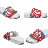 Slovakia Christmas Slide Sandals with Santa and Dancers by Campfire Snowy Mountains and Red Blue Snowflake Pattern Design - Wonder Print Shop