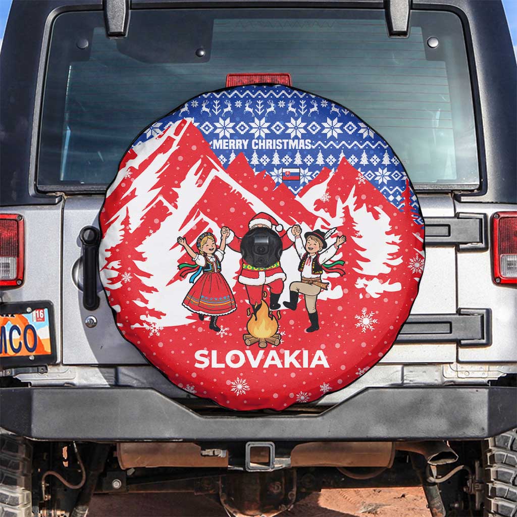 Slovakia Christmas Spare Tire Cover with Santa and Dancers by Campfire Snowy Mountains and Red Blue Snowflake Pattern Design - Wonder Print Shop