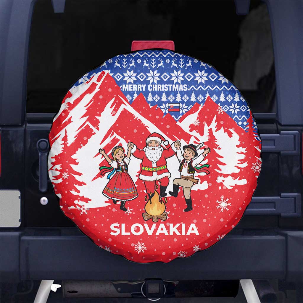 Slovakia Christmas Spare Tire Cover with Santa and Dancers by Campfire Snowy Mountains and Red Blue Snowflake Pattern Design - Wonder Print Shop
