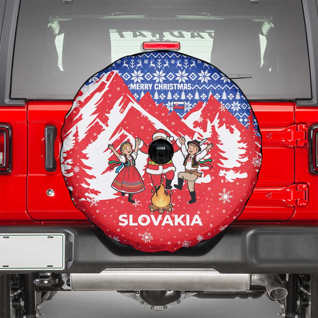 Slovakia Christmas Spare Tire Cover with Santa and Dancers by Campfire Snowy Mountains and Red Blue Snowflake Pattern Design - Wonder Print Shop