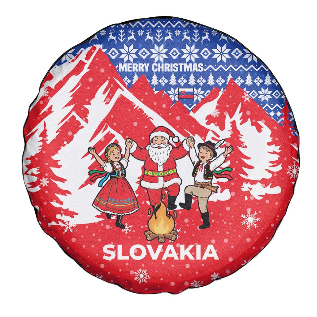 Slovakia Christmas Spare Tire Cover with Santa and Dancers by Campfire Snowy Mountains and Red Blue Snowflake Pattern Design - Wonder Print Shop