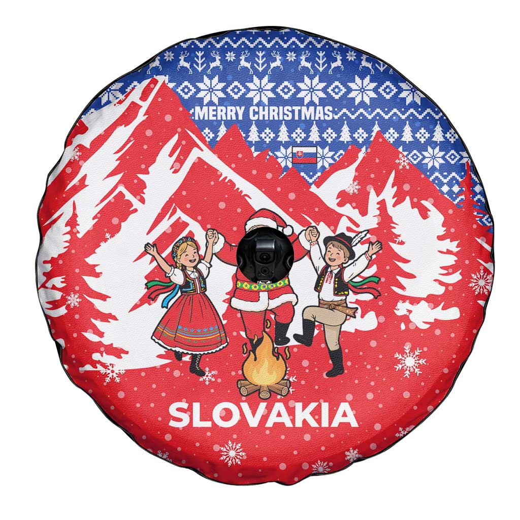 Slovakia Christmas Spare Tire Cover with Santa and Dancers by Campfire Snowy Mountains and Red Blue Snowflake Pattern Design - Wonder Print Shop