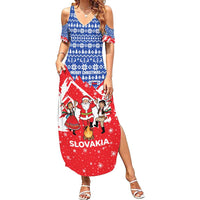 Slovakia Christmas Summer Maxi Dress with Santa and Dancers by Campfire Snowy Mountains and Red Blue Snowflake Pattern Design - Wonder Print Shop