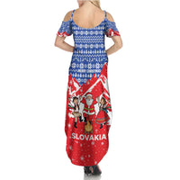 Slovakia Christmas Summer Maxi Dress with Santa and Dancers by Campfire Snowy Mountains and Red Blue Snowflake Pattern Design - Wonder Print Shop
