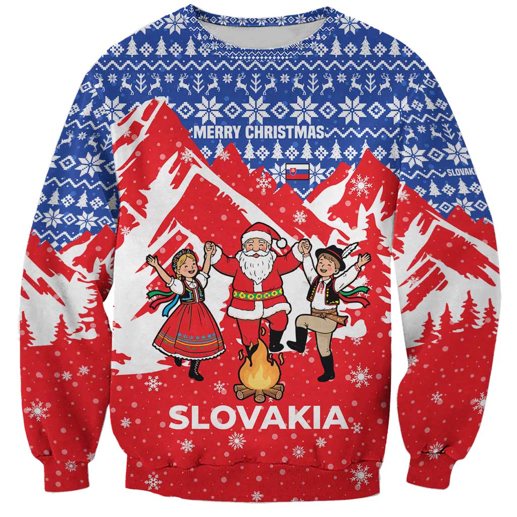 Slovakia Christmas Sweatshirt with Santa and Dancers by Campfire Snowy Mountains and Red Blue Snowflake Pattern Design - Wonder Print Shop