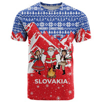 Slovakia Christmas T Shirt with Santa and Dancers by Campfire Snowy Mountains and Red Blue Snowflake Pattern Design - Wonder Print Shop
