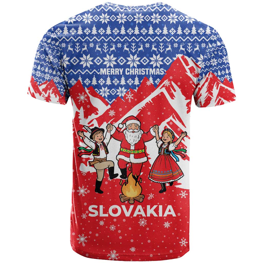 Slovakia Christmas T Shirt with Santa and Dancers by Campfire Snowy Mountains and Red Blue Snowflake Pattern Design - Wonder Print Shop