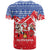 Slovakia Christmas T Shirt with Santa and Dancers by Campfire Snowy Mountains and Red Blue Snowflake Pattern Design - Wonder Print Shop