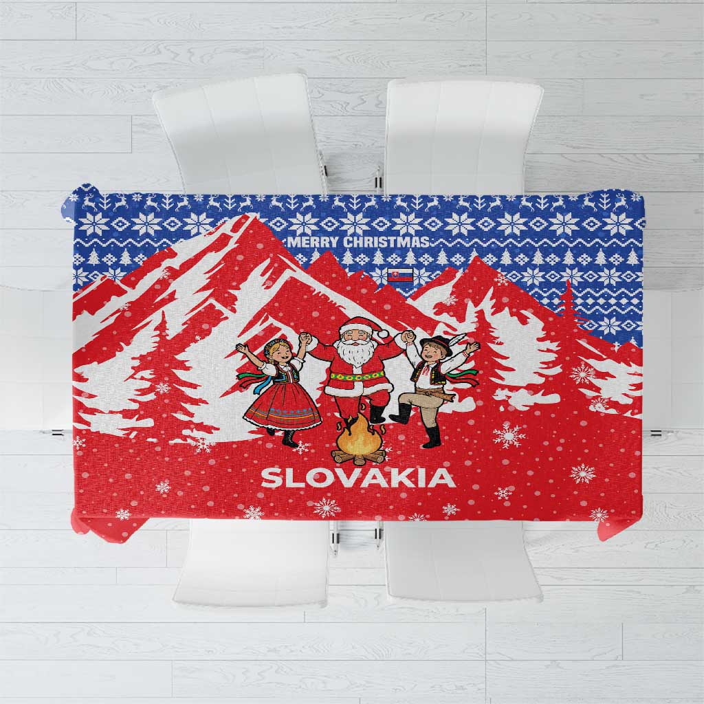 Slovakia Christmas Tablecloth with Santa and Dancers by Campfire Snowy Mountains and Red Blue Snowflake Pattern Design - Wonder Print Shop
