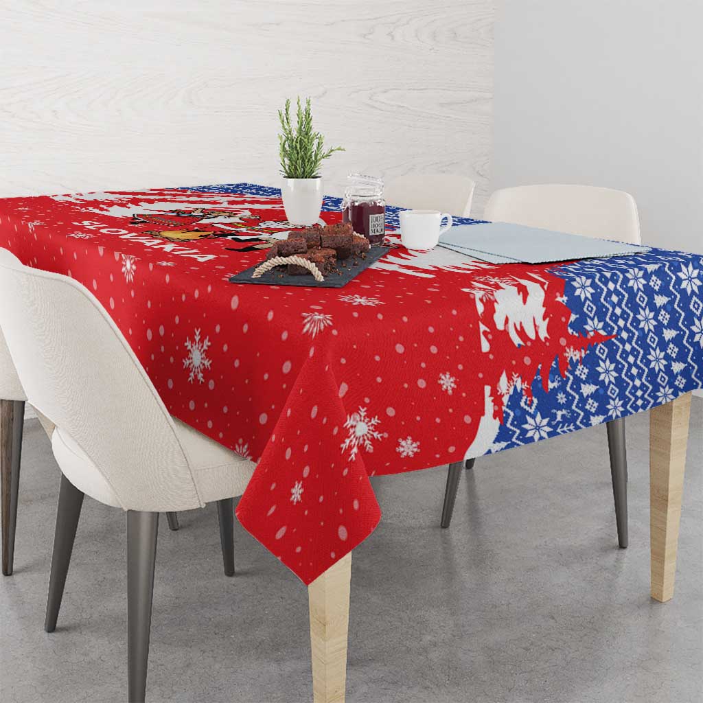 Slovakia Christmas Tablecloth with Santa and Dancers by Campfire Snowy Mountains and Red Blue Snowflake Pattern Design - Wonder Print Shop