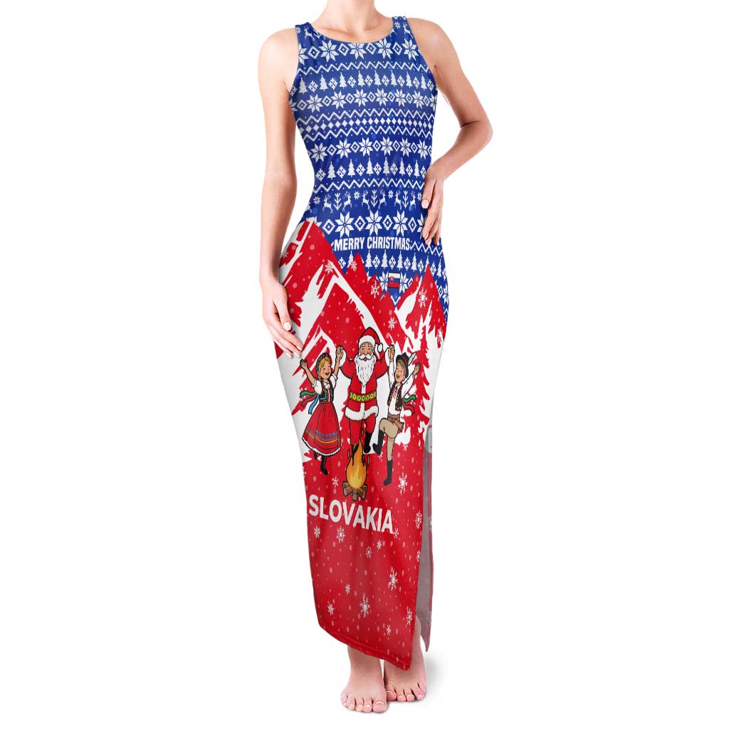 Slovakia Christmas Tank Maxi Dress with Santa and Dancers by Campfire Snowy Mountains and Red Blue Snowflake Pattern Design - Wonder Print Shop