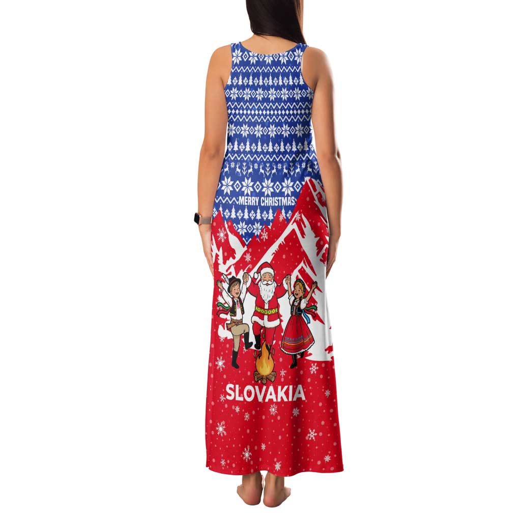 Slovakia Christmas Tank Maxi Dress with Santa and Dancers by Campfire Snowy Mountains and Red Blue Snowflake Pattern Design - Wonder Print Shop