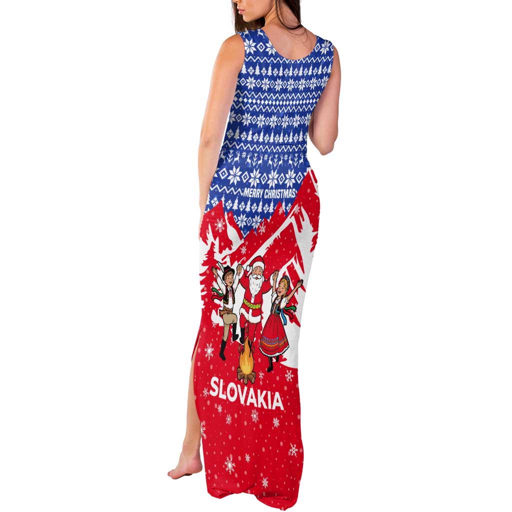 Slovakia Christmas Tank Maxi Dress with Santa and Dancers by Campfire Snowy Mountains and Red Blue Snowflake Pattern Design - Wonder Print Shop